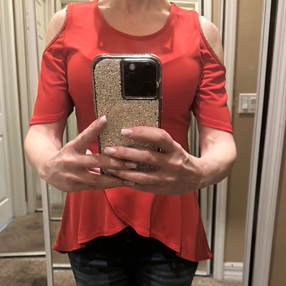 Bebe Red Asymmetrical Cut Out Blouse